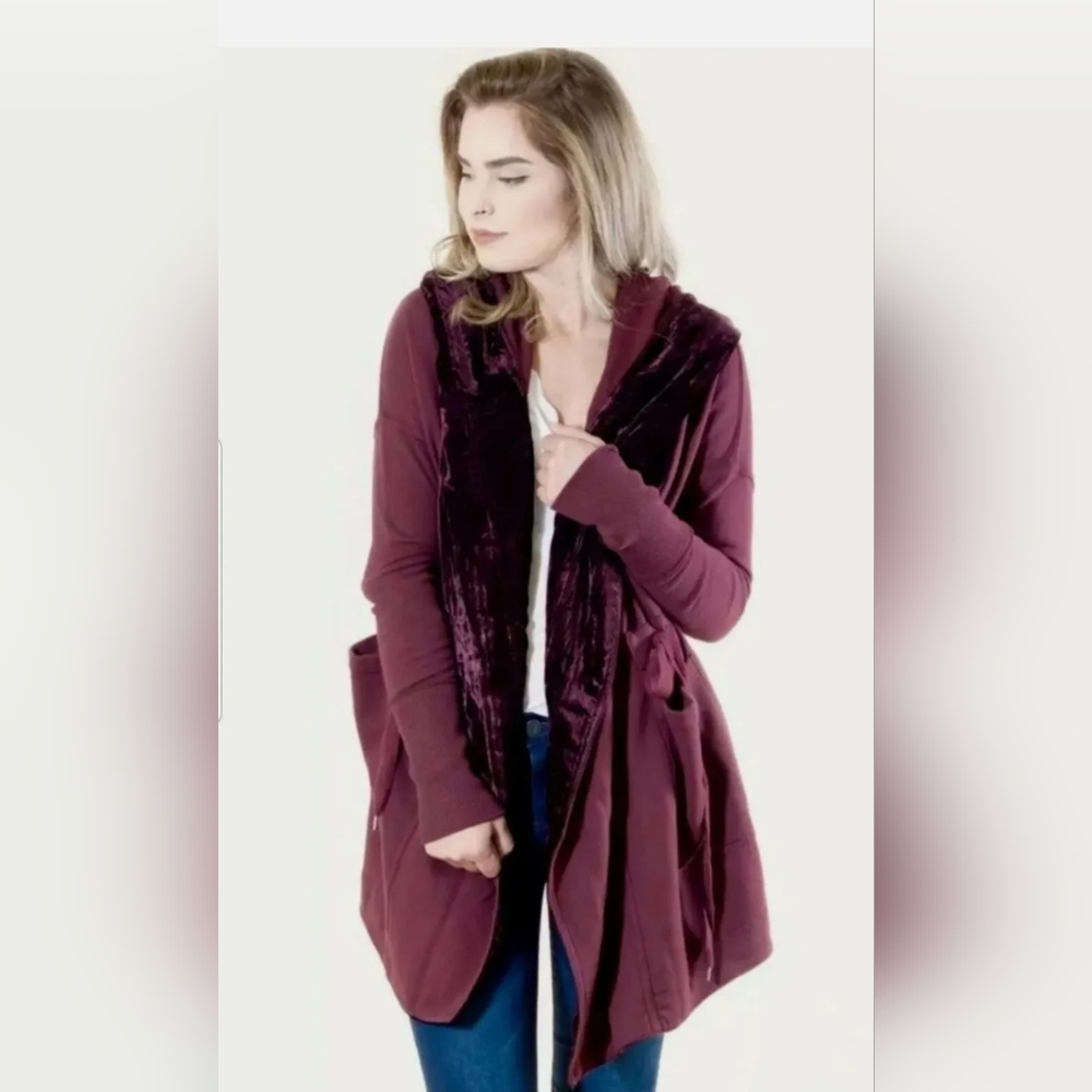 NWT Free people Westwood cardi hooded cardigan velvet trim Berry oversized